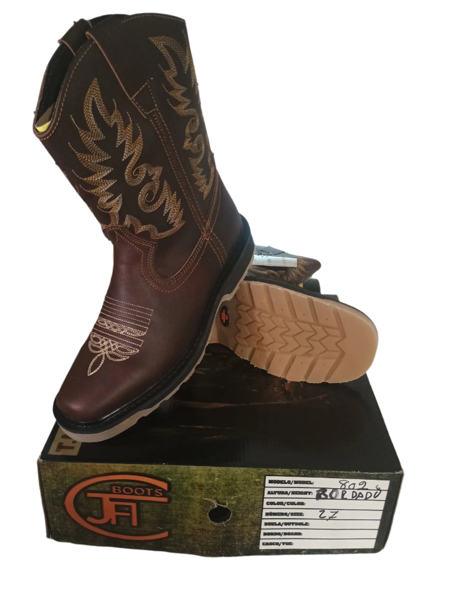 Brown cowboy work boot on a box with a non-slip rubber bottom 